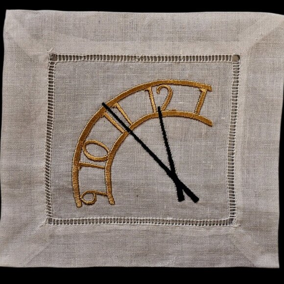 8 New Embroidered Linen Cocktail Napkin Clock Face Metallic Thread Excellent - Picture 3 of 5